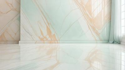The primary subject of the image is a marble wall with a patterned design. The setting is a bathroom, and the visual style is a photo. The dominant colors are white and beige, creating a clean and elegant atmosphere.