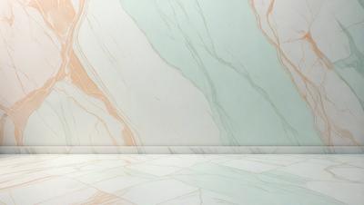 The primary subject of the image is a marble wall with a patterned design. The setting is a room with a white floor, and the visual style appears to be a combination of a photo and digital art. The colors and mood of the image are predominantly white and neutral, creating a clean and elegant atmosphere.