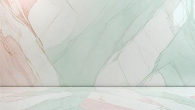 The primary subject of the image is a marble wall with a green and white pattern. The setting is a room with a white surface, and the visual style is a combination of photo and digital art. The colors and mood of the image are predominantly green and white, creating a clean and elegant atmosphere.