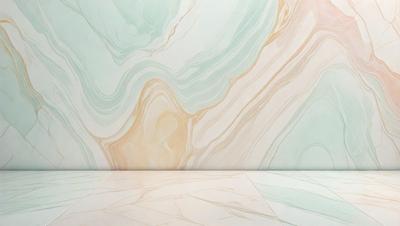 The primary subject of the image is a marble wall with a unique, swirling pattern. The setting is a room with a white floor, and the visual style appears to be a photo of the marble wall. The colors and mood of the image are predominantly white and neutral, giving the space a clean and elegant appearance.