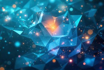 The primary subject of the image is a blue and orange geometric pattern, which appears to be a digital art or illustration. The setting is a blue background, and the visual style is a combination of digital art and illustration. The dominant colors are blue and orange, creating a vibrant and lively atmosphere.