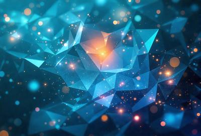The primary subject of the image is a blue and orange geometric pattern, which appears to be a digital art or illustration. The setting is a blue background, and the visual style is a combination of digital art and illustration. The dominant colors are blue and orange, creating a vibrant and lively atmosphere.