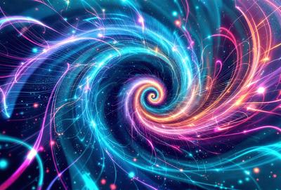 The primary subject of the image is a spiral-shaped, colorful swirl that appears to be a digital art or illustration. The swirl is set against a backdrop of a brightly colored, starry sky. The visual style of the image suggests that it is a creative and artistic representation of a spiral, possibly inspired by the patterns found in nature or the cosmos. The colors and mood of the image are vibrant and lively, with a sense of movement and energy conveyed through the