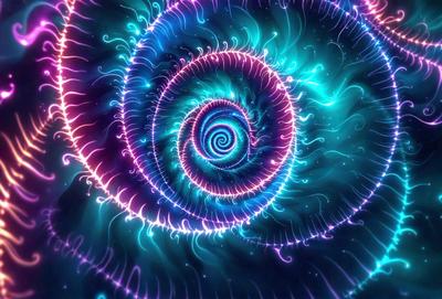 The primary subject of the image is a spiral pattern, which is a prominent feature in the scene. The spiral pattern is set against a purple background, creating a visually striking and vibrant scene. The visual style of the image is a combination of digital art and illustration, with the spiral pattern being the main focus of the composition. The colors and mood of the image are predominantly purple, which gives the scene a sense of depth and intrigue.
