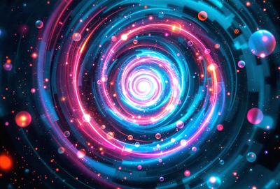 The primary subject of the image is a colorful spiral, which appears to be a digital art or illustration. The spiral is set against a backdrop of a blue and pink swirling pattern, creating a vibrant and lively atmosphere. The visual style of the image suggests that it is a creative and artistic representation of a spiral, possibly inspired by the concept of a galaxy or a swirling vortex. The dominant colors of the image are blue, pink, and various shades of