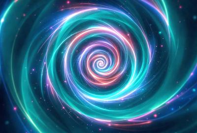 The primary subject of the image is a spiral pattern, which is a part of a larger, colorful design. The spiral is surrounded by a vibrant, blue-green color palette, creating a lively and energetic atmosphere. The setting or background features a starry sky, adding a sense of depth and space to the scene. The visual style of the image is a combination of digital art and illustration, showcasing the intricate details and patterns of the spiral design.