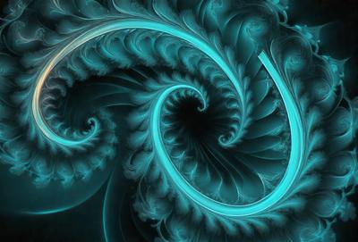 The primary subject of the image is a blue spiral design, which appears to be a digital art or illustration. The setting is a blue background, and the visual style suggests that it is a digital artwork. The dominant colors in the image are blue and green, creating a calm and serene atmosphere.