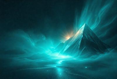 The primary subject of the image is a large, blue, three-sided pyramid with a triangular shape. The setting is a dark, blue, and purple sky, creating a dramatic and mysterious atmosphere. The visual style is digital art, as the image is a computer-generated creation. The dominant colors and overall mood of the image are dark, moody, and atmospheric.