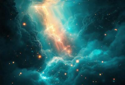 The primary subject of the image is a vibrant and colorful space scene, featuring a brightly lit tunnel with a blue background. The visual style of the image is digital art, creating a sense of depth and intricacy. The colors and mood of the scene are predominantly blue, with a few orange accents, giving it a serene and celestial atmosphere.