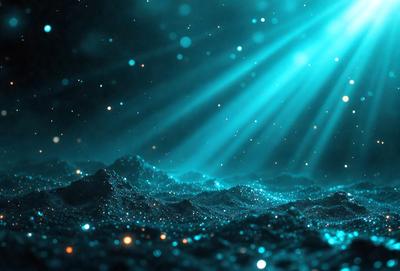 The primary subject of the image is a blue ocean with a bright sun shining through the water. The setting is a vast, open space with a starry background, creating a serene and peaceful atmosphere. The visual style is a combination of photo and digital art, giving the image a unique and captivating appearance. The dominant colors are blue and white, with the blue ocean and the bright sun creating a calming and soothing mood.