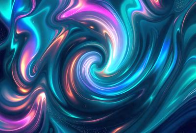 The primary subject of the image is a swirling, colorful spiral pattern. The setting is a dark background, which contrasts with the vibrant colors of the spiral. The visual style is a combination of digital art and illustration, creating a dynamic and eye-catching design. The dominant colors are blue, purple, and orange, giving the spiral a lively and energetic appearance.