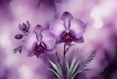 The primary subject of the image is a purple orchid flower. The setting is a purple background, which creates a visually appealing contrast with the orchid. The visual style is a painting, which adds a sense of artistic expression to the image. The dominant colors are purple and white, creating a serene and elegant atmosphere.