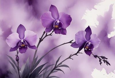 The primary subject of the image is a bouquet of purple orchids. The orchids are arranged in a vase, and they are the main focus of the image. The setting is a purple background, which complements the orchids' color. The visual style is a painting, which adds an artistic touch to the image. The colors and mood of the image are predominantly purple, creating a serene and calming atmosphere.