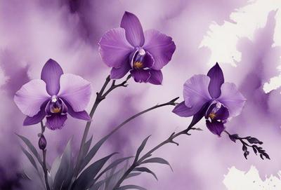 The primary subject of the image is a group of purple orchids. They are the main focus of the image, and they are displayed in a vase. The setting is a purple background, which complements the orchids' color. The visual style is a painting, which adds a sense of artistic expression to the image. The colors and mood of the image are predominantly purple, creating a serene and calming atmosphere.
