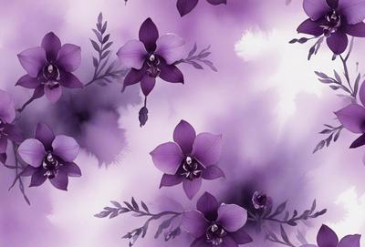 The primary subject of the image is a close-up of purple flowers, with a focus on their petals and stems. The setting is a purple background, which adds to the overall mood of the image. The visual style is a combination of a photo and digital art, creating a vibrant and detailed representation of the flowers. The colors and mood of the image are predominantly purple, giving it a calm and serene atmosphere.