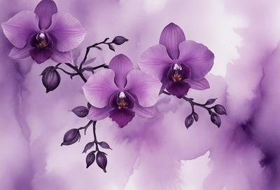 Purple orchids are the primary subject of the image. They are displayed in a purple and white color scheme, creating a serene and elegant atmosphere. The orchids are set against a purple background, which further enhances the visual appeal of the scene. The image is a digital art piece, showcasing the artist's skill in capturing the beauty of the orchids.