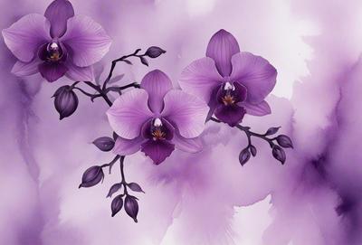 Purple orchids are the primary subject of the image. They are displayed in a purple and white color scheme, creating a serene and elegant atmosphere. The orchids are set against a purple background, which further enhances the visual appeal of the scene. The image is a digital art or illustration, showcasing the beauty of the orchids in a unique and artistic manner.