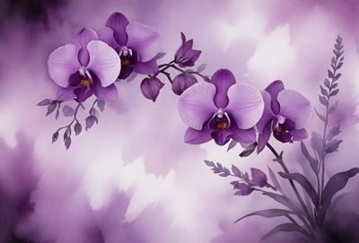 The primary subject of the image is a purple orchid flower. The setting is a purple background, which creates a visually appealing contrast with the orchid. The visual style is a painting, which adds a sense of artistic expression to the image. The colors and mood of the image are predominantly purple, creating a serene and calming atmosphere.