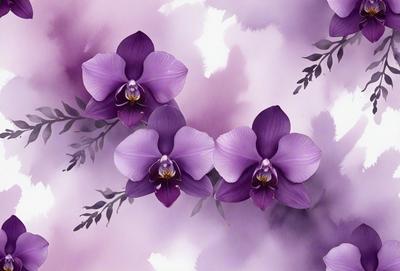 The primary subject of the image is a group of purple orchids. They are arranged in a visually appealing manner, with some of the flowers appearing to be painted. The setting is a purple background, which complements the orchids' color. The visual style is a combination of photo and digital art, creating a unique and artistic representation of the orchids. The colors and mood of the image are predominantly purple, giving it a serene and calming atmosphere.