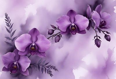 The primary subject of the image is a group of purple orchids. They are the main focus of the image, and they are displayed in a cloudy, purple background. The orchids are depicted in a digital art style, giving them a vibrant and lush appearance. The overall atmosphere of the image is serene and beautiful, with the orchids being the main attraction.