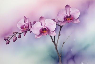 The primary subject of the image is a branch with three pink flowers on it. The setting is a purple background, which adds a unique and artistic touch to the scene. The visual style is a combination of a photo and digital art, creating a vibrant and eye-catching display. The colors and mood of the image are predominantly purple, which gives it a calming and serene atmosphere.