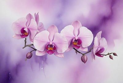 The primary subject of the image is a bouquet of pink orchids. The orchids are arranged in a vase, and they are the main focus of the image. The setting is a purple background, which adds a touch of elegance to the scene. The visual style is a painting, which gives the image a more artistic and detailed appearance. The colors and mood of the image are predominantly pink, creating a warm and inviting atmosphere.
