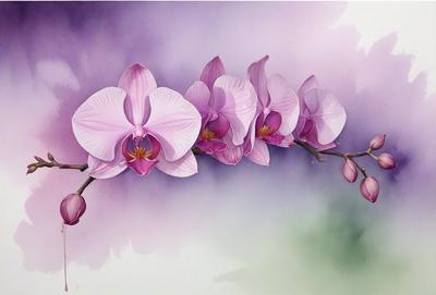 The primary subject of the image is a branch with purple flowers. The setting is a purple background, which adds to the overall mood of the scene. The visual style is a painting, which showcases the artist's skill in capturing the beauty of the flowers and the branch. The colors and mood of the image are predominantly purple, creating a serene and calming atmosphere.