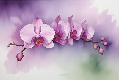 The primary subject of the image is a branch with purple flowers. The setting is a purple background, and the visual style is a painting or drawing. The colors and mood of the image are predominantly purple, creating a serene and calming atmosphere.
