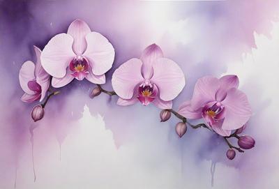 The primary subject of the image is a group of pink orchids. They are arranged in a row, with each flower having a different position. The setting is a purple background, which adds a unique and artistic touch to the scene. The visual style is a painting, which showcases the artist's skill in capturing the beauty of the orchids. The colors and mood of the image are predominantly pink, creating a warm and inviting atmosphere.