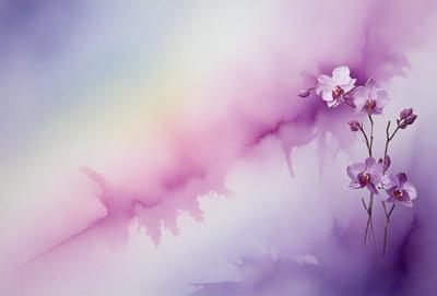 The primary subject of the image is a painting of a branch with purple flowers. The setting is a cloudy sky, and the visual style is a painting. The dominant colors are purple and pink, creating a calm and serene atmosphere.