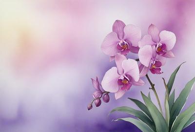The primary subject of the image is a bouquet of purple orchids. The setting is a purple background, which adds a sense of depth and color to the scene. The visual style is a painting, which gives the image a more artistic and detailed appearance. The colors and mood of the image are predominantly purple, creating a serene and elegant atmosphere.