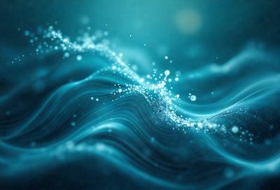 The primary subject of the image is a blue ocean with a wave. The setting is the ocean, and the visual style is a photo. The dominant colors are blue and white, creating a calm and serene atmosphere.