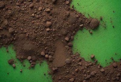 The primary subject of the image is a pile of dirt, which is the main object, scene, or focus of the image. The setting is a green surface, possibly a table or a ground, where the dirt is placed. The visual style of the image is a photo, capturing the natural texture and color of the dirt. The colors and mood of the image are earthy and natural, with the green surface complementing the brown dirt.