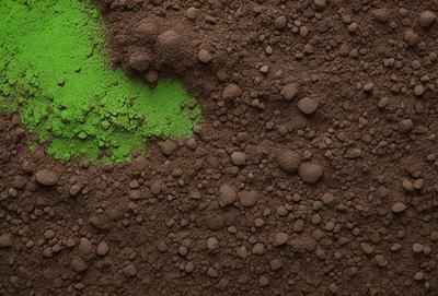 The primary subject of the image is a green and brown rock, which is placed on a brown dirt surface. The setting appears to be a dirt field, and the visual style is a close-up of the rock. The colors and mood of the image are earthy and natural, with the green and brown tones of the rock and the brown dirt creating a sense of the outdoors.