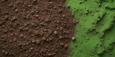 The primary subject of the image is a pile of dirt, which is the main object, scene, or focus of the image. The setting/background consists of a green surface, possibly a wall or a background, which contrasts with the brown dirt. The visual style of the image is a close-up of the dirt, showcasing its texture and details. The colors and mood of the image are predominantly brown and green, with the brown dirt creating a natural and earthy atmosphere.