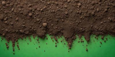 The primary subject of the image is a large pile of dirt, which is the main object, scene, or focus of the image. The setting is a green surface, possibly a table or a background, which contrasts with the brown dirt. The visual style of the image is a close-up of the dirt, showcasing its texture and details. The colors and mood of the image are predominantly brown and earthy, giving it a natural and rugged appearance.