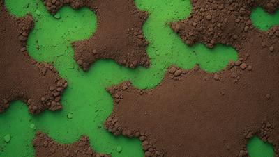 The primary subject of the image is a green and brown patterned surface, which appears to be a combination of a green and brown rock and a green and brown dirt ground. The setting is outdoors, with the surface being the main focus of the image. The visual style is a mix of natural elements, such as rocks and dirt, and a patterned design. The colors and mood of the image are earthy and natural, with the green and brown tones creating a sense of harmony and balance.