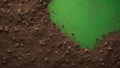 The primary subject of the image is a large pile of dirt, with a green surface visible in the background. The visual style of the image is a close-up of the dirt, showcasing its texture and composition. The colors and mood of the image are predominantly earthy tones, with the green surface adding a touch of freshness to the scene.