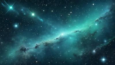 The primary subject of the image is a beautiful, colorful, and vibrant space scene. The setting is a dark, star-filled sky, with the stars shining brightly against the black background. The visual style of the image is a combination of photo and digital art, creating a stunning and realistic representation of the cosmos. The colors and mood of the image are predominantly blue and green, giving the scene a serene and tranquil atmosphere.