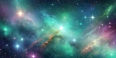 The primary subject of the image is a vibrant, colorful, and detailed space scene. The setting is a green and purple nebula, with a backdrop of stars. The visual style is a combination of photo and digital art, creating a realistic and captivating representation of the celestial landscape. The colors and mood of the image are lively and serene, evoking a sense of wonder and exploration.