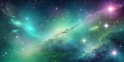 The primary subject of the image is a vibrant, colorful space scene featuring a green nebula with a purple hue. The setting is a starry night sky, and the visual style is a combination of photo and digital art. The colors and mood of the image are lively and captivating, with the green and purple nebula creating a sense of wonder and exploration.