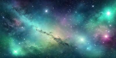 The primary subject of the image is a beautiful, colorful, and vibrant night sky filled with stars. The setting is a dark, star-filled sky, and the visual style is a combination of a photo and digital art. The colors and mood of the image are lively and captivating, with a sense of wonder and awe.