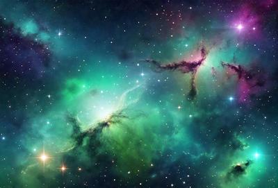 The primary subject of the image is a vibrant, colorful nebula with a green hue. The setting is a space filled with stars, creating a backdrop for the nebula. The visual style is a combination of a photo and digital art, as the image is a close-up of the nebula, showcasing its intricate details. The colors and mood of the image are lively and captivating, with the green nebula standing out against the backdrop of stars.