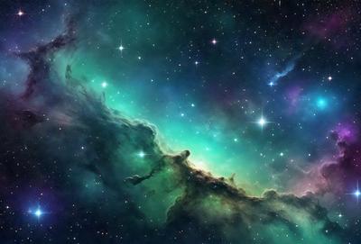 The primary subject of the image is a vibrant, colorful nebula with a green hue. The setting is a starry night sky, with the nebula being the main focus of the scene. The visual style is a combination of a photo and digital art, creating a unique and captivating representation of the celestial landscape. The colors and mood of the image are lively and energetic, with the green nebula standing out against the dark, star-filled sky.