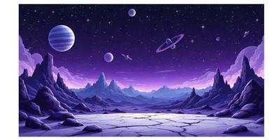The primary subject of the image is a purple and blue space scene featuring a group of planets and moons. The setting is a night sky with the planets and moons floating in the background. The visual style is a digital art or illustration, creating a vibrant and colorful atmosphere. The colors and mood of the image are predominantly purple and blue, giving it a serene and celestial feel.