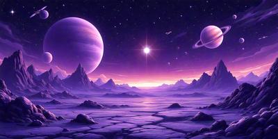 The primary subject of the image is a purple planet with a sun in the sky. The setting is a purple planet with a sun in the sky, and the visual style is digital art. The colors and mood of the image are purple and serene, creating a peaceful and otherworldly atmosphere.