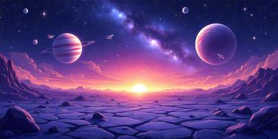 The primary subject of the image is a space scene featuring three planets and a spaceship. The setting is a purple sky, which adds a unique and artistic touch to the visual style. The image is a digital art illustration, showcasing the artist's creativity and imagination. The colors and mood of the scene are predominantly purple, giving it a dreamy and surreal atmosphere.