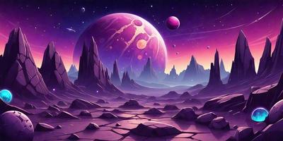 The primary subject of the image is a purple planet with a pink moon and other celestial bodies in the background. The setting is a purple sky, and the visual style is a digital art illustration. The colors and mood of the image are predominantly purple and pink, creating a serene and dreamy atmosphere.
