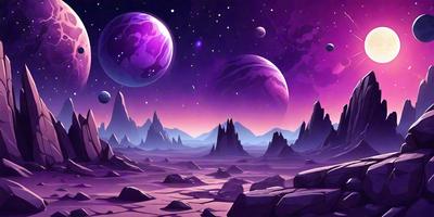 The primary subject of the image is a purple planet with a purple sky. The setting is a purple planet with a purple sky, and the visual style is digital art. The colors and mood of the image are predominantly purple, creating a calm and serene atmosphere.