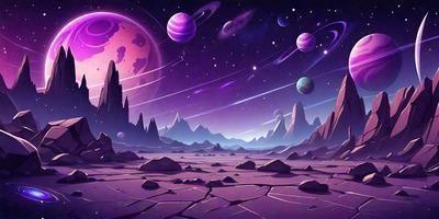 The primary subject of the image is a purple planet with a mountainous terrain. The setting is a night sky filled with various celestial bodies, including planets, moons, and stars. The visual style is a digital art or illustration, creating a vibrant and imaginative scene. The colors and mood are predominantly purple, giving the image a sense of mystery and wonder.